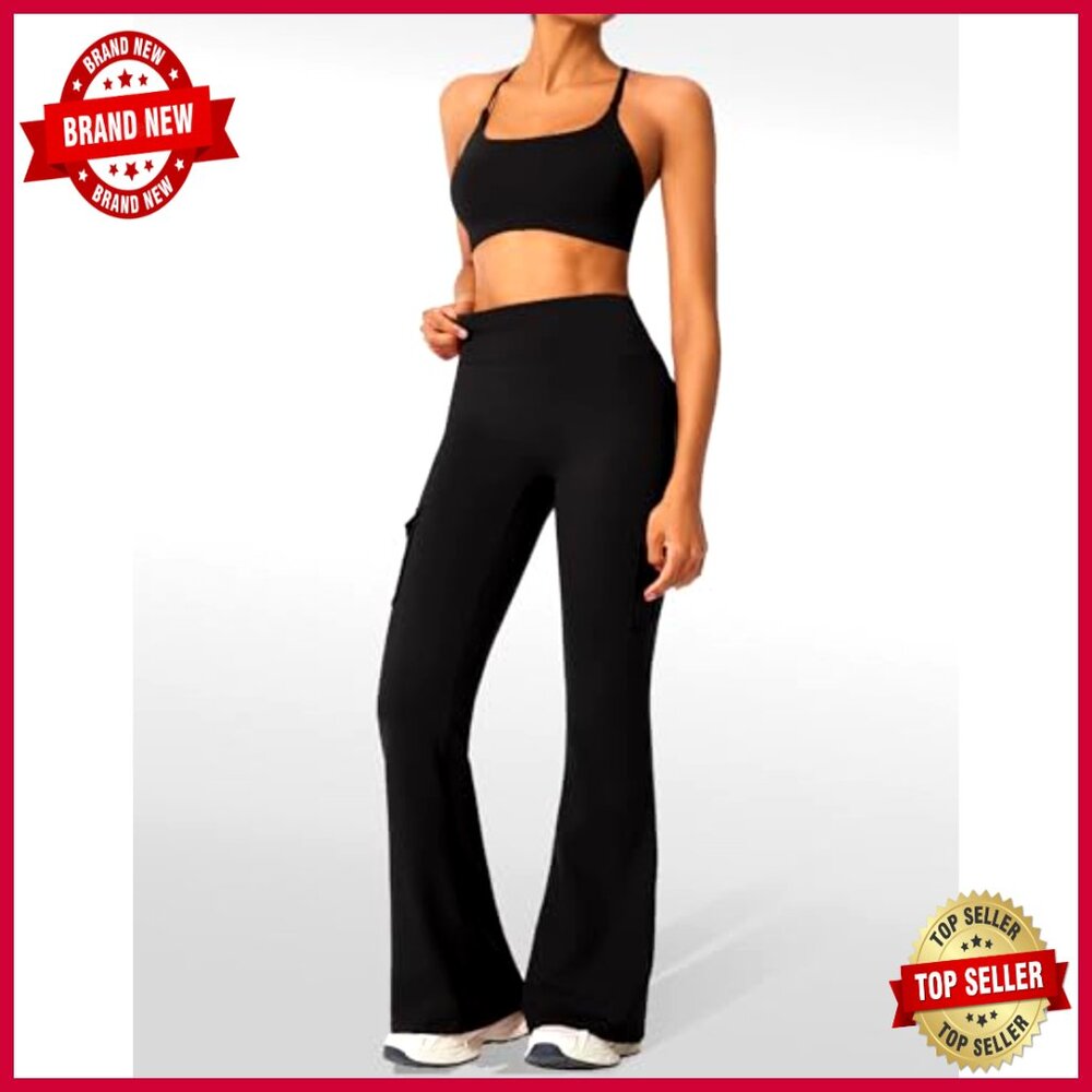High Waisted Flare Leggings with Pockets and Sports Bra Workout Set - Picture 4 of 7